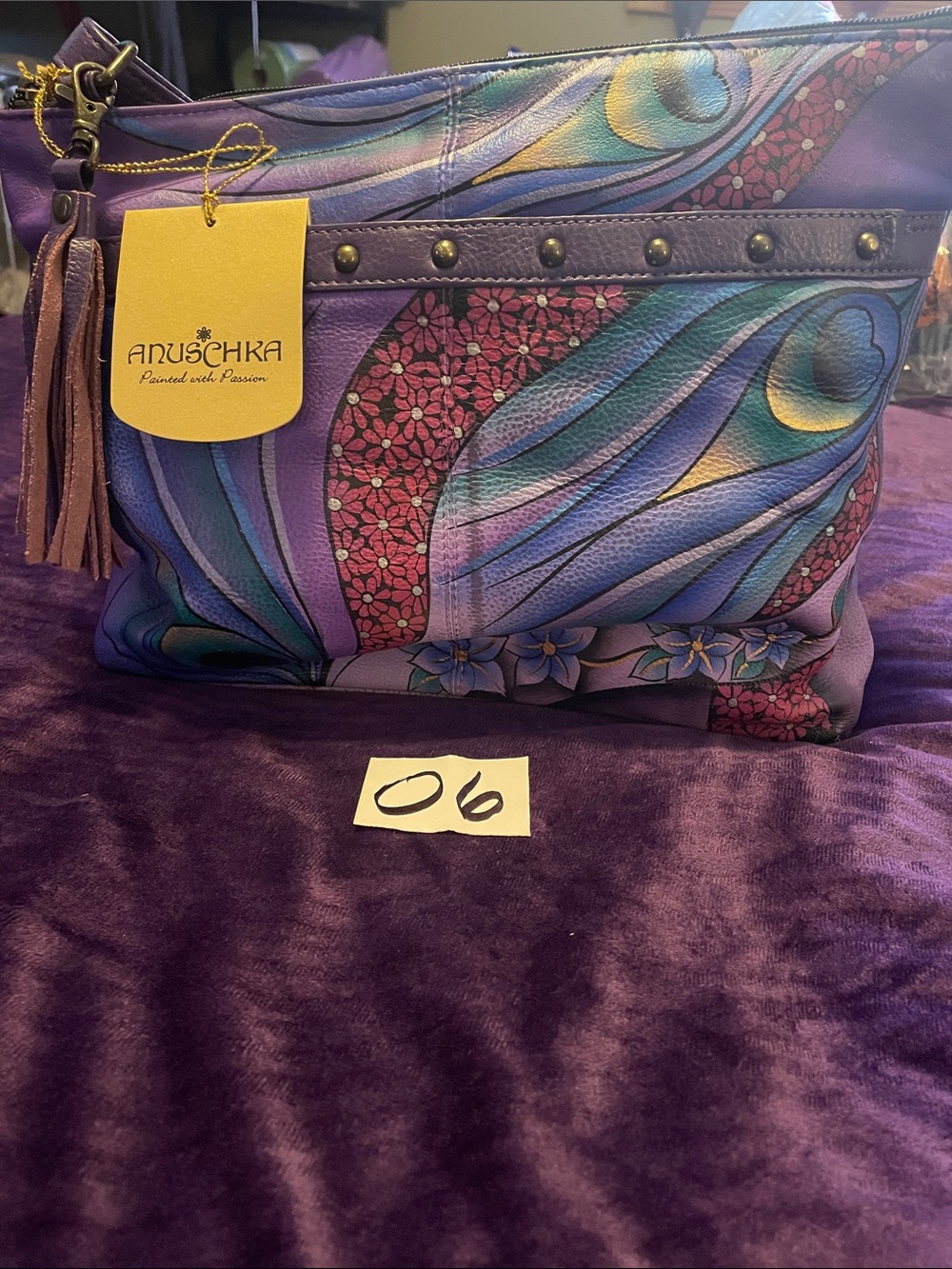 Anuschka Purple Hand-Painted Floral Shoulder Bag with Teal & Pink Accents